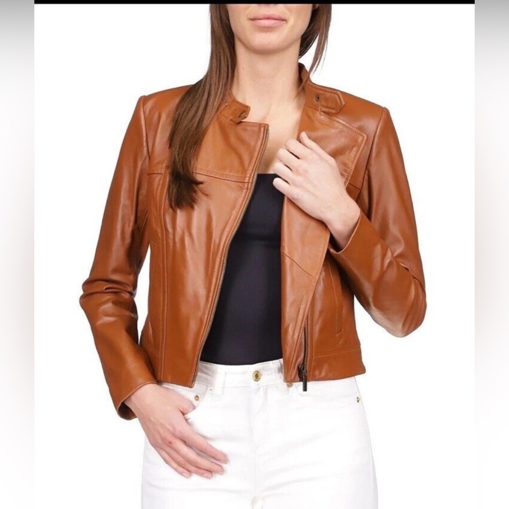 MICHAEL Michael Kors Leather Moto Jacket in Luggage - Picture 4 of 14